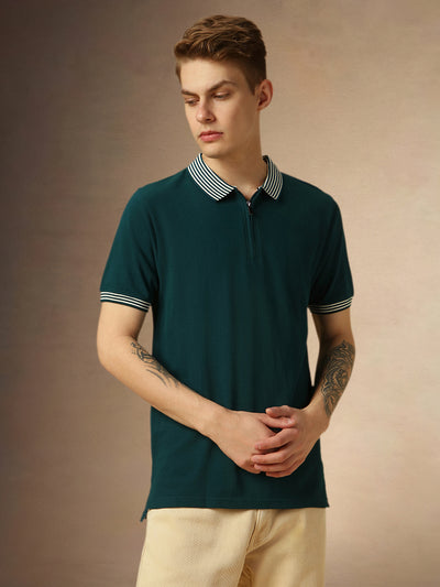 Men's Deep Teal Solid Polo Collar Half Sleeves Regular Fit T-Shirt