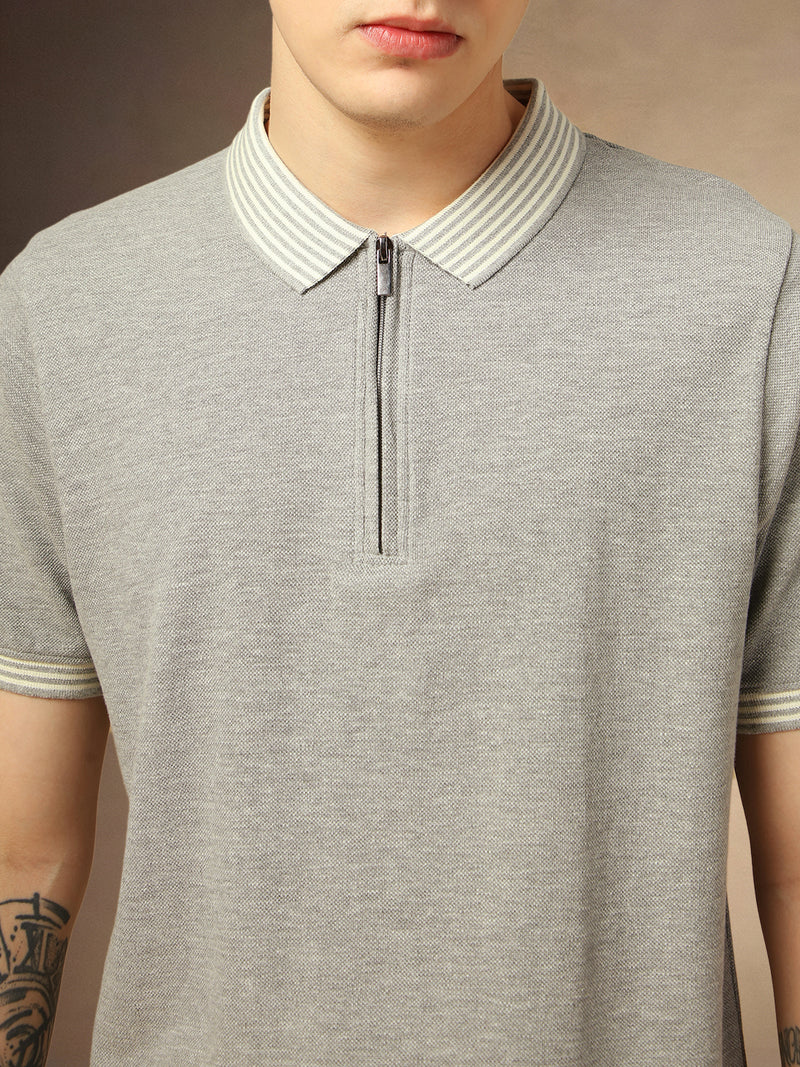 Men's Light Grey Solid Polo collar Half Sleeves T-shirt