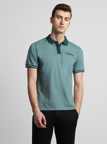 Men's Sea Green Polo Collar Half Sleeves Casual T-Shirt