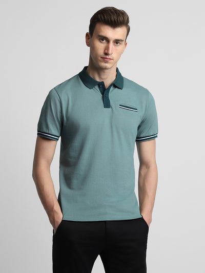 Men's Sea Green Polo Collar Half Sleeves Casual T-Shirt