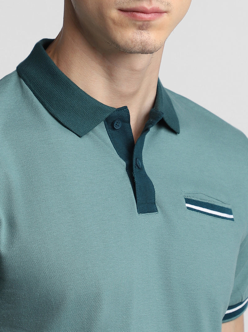 Men's Sea Green Polo Collar Half Sleeves Casual T-Shirt