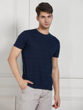 Dennis Lingo Men Dark Blue Cotton Regular Fit Textured Round Neck T-Shirt