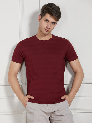 Men's Maroon Cotton Regular Fit Textured Round Neck T-Shirt