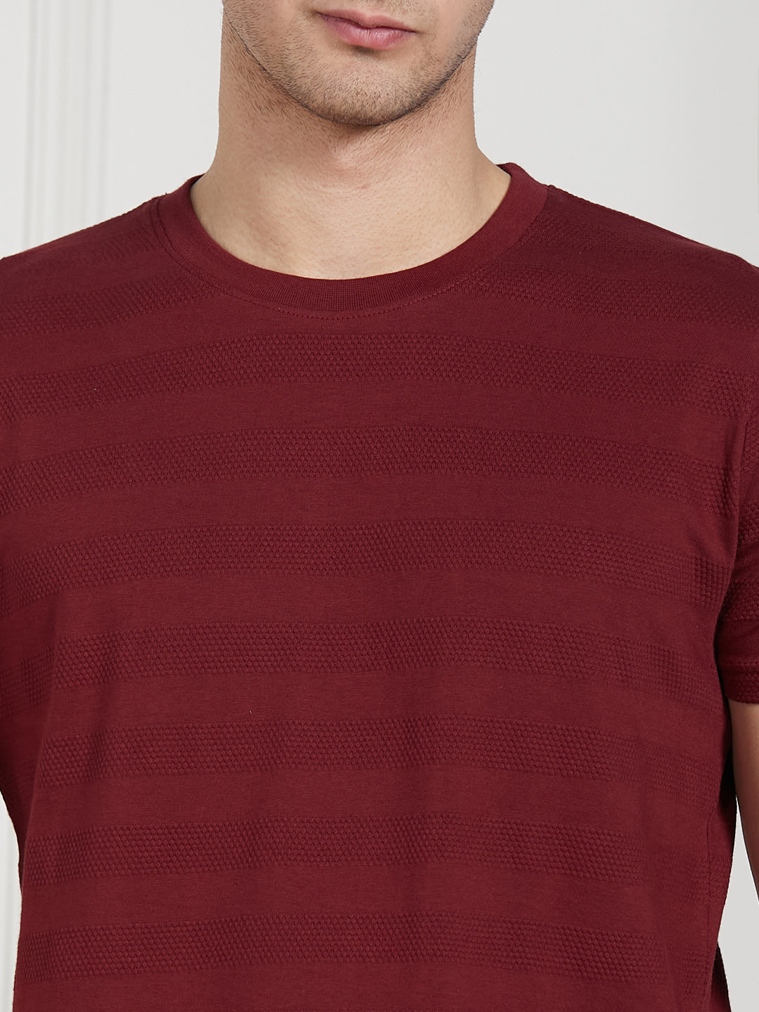 Dennis Lingo Men Maroon Cotton Regular Fit Textured Round Neck T-Shirt