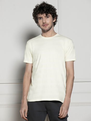 Men's Off-white Round neck Textured Casual T-shirt