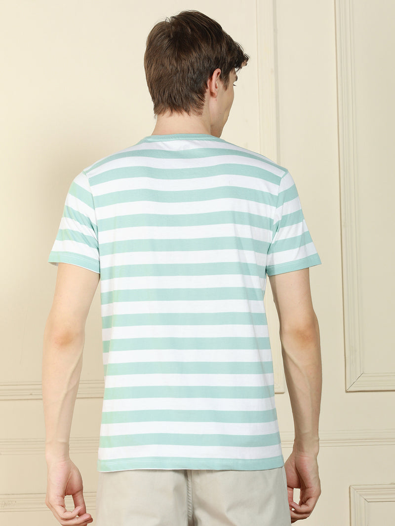 Men's Light Blue Crew Neck Striped Cotton T-Shirt