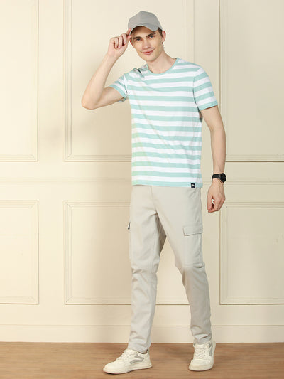 Men's Light Blue Crew Neck Striped Cotton T-Shirt