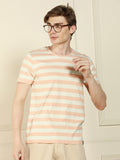 Dennis Lingo Men's Peach Crew Neck Striped Cotton T-Shirt