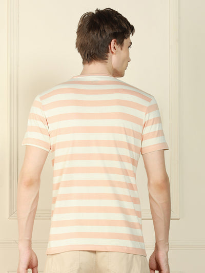 Men's Peach Crew Neck Striped Cotton T-Shirt