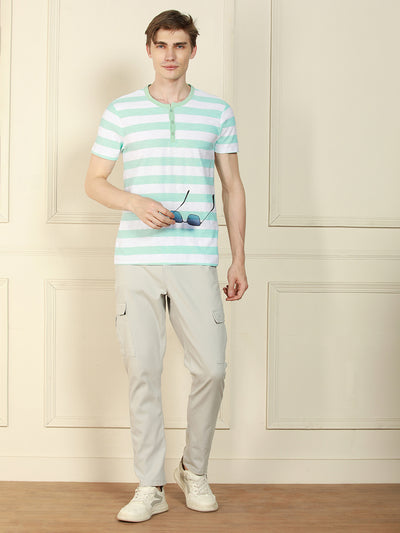 Men's Light Blue Henley Neck Striped Cotton T-Shirt