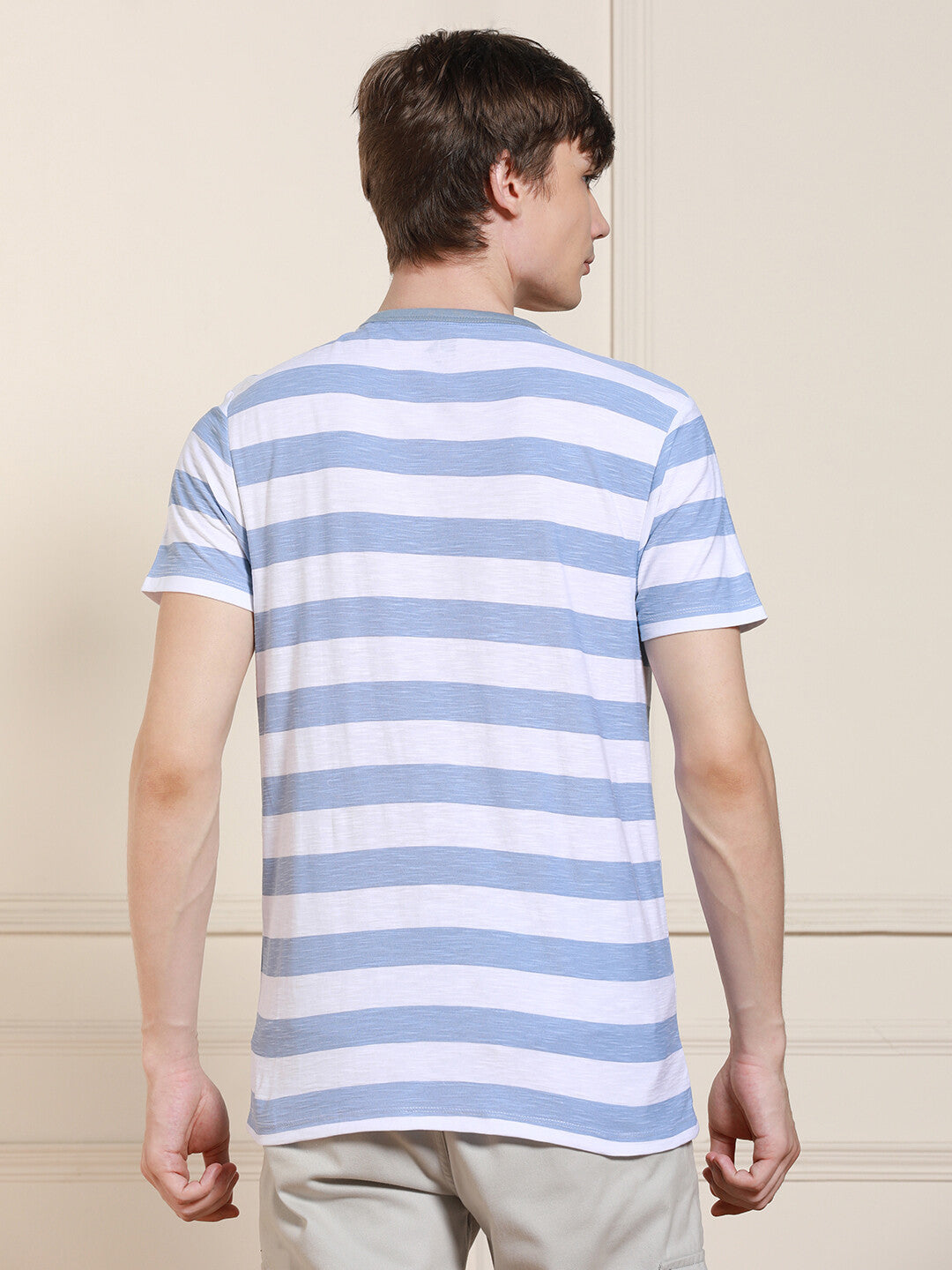 Men's Mid Blue Striped Henley Neck Half Sleeves Casual T-Shirt