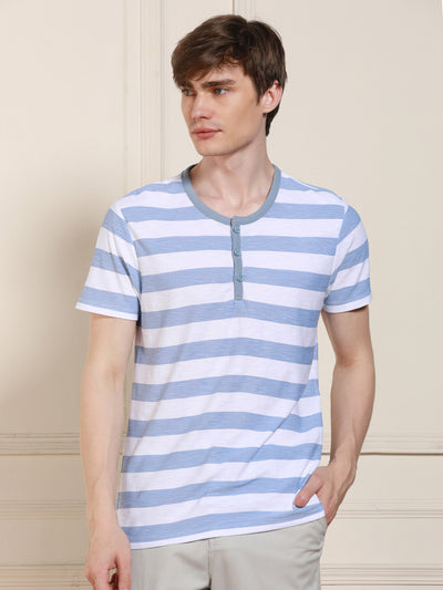 Men's Mid Blue Striped Henley Neck Half Sleeves Casual T-Shirt