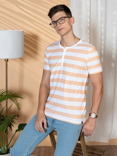 Men's Peach Striped Crew Neck Half sleeve Regular fit T-Shirt