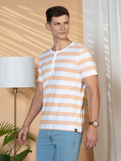 Men's Peach Striped Crew Neck Half sleeve Regular fit T-Shirt