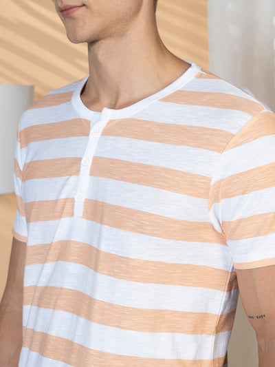 Men's Peach Striped Crew Neck Half sleeve Regular fit T-Shirt