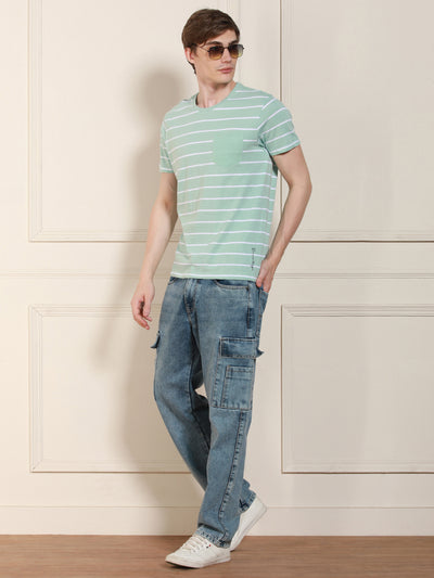 Men's Round Neck Striped Half Sleeves Casual T-shirt