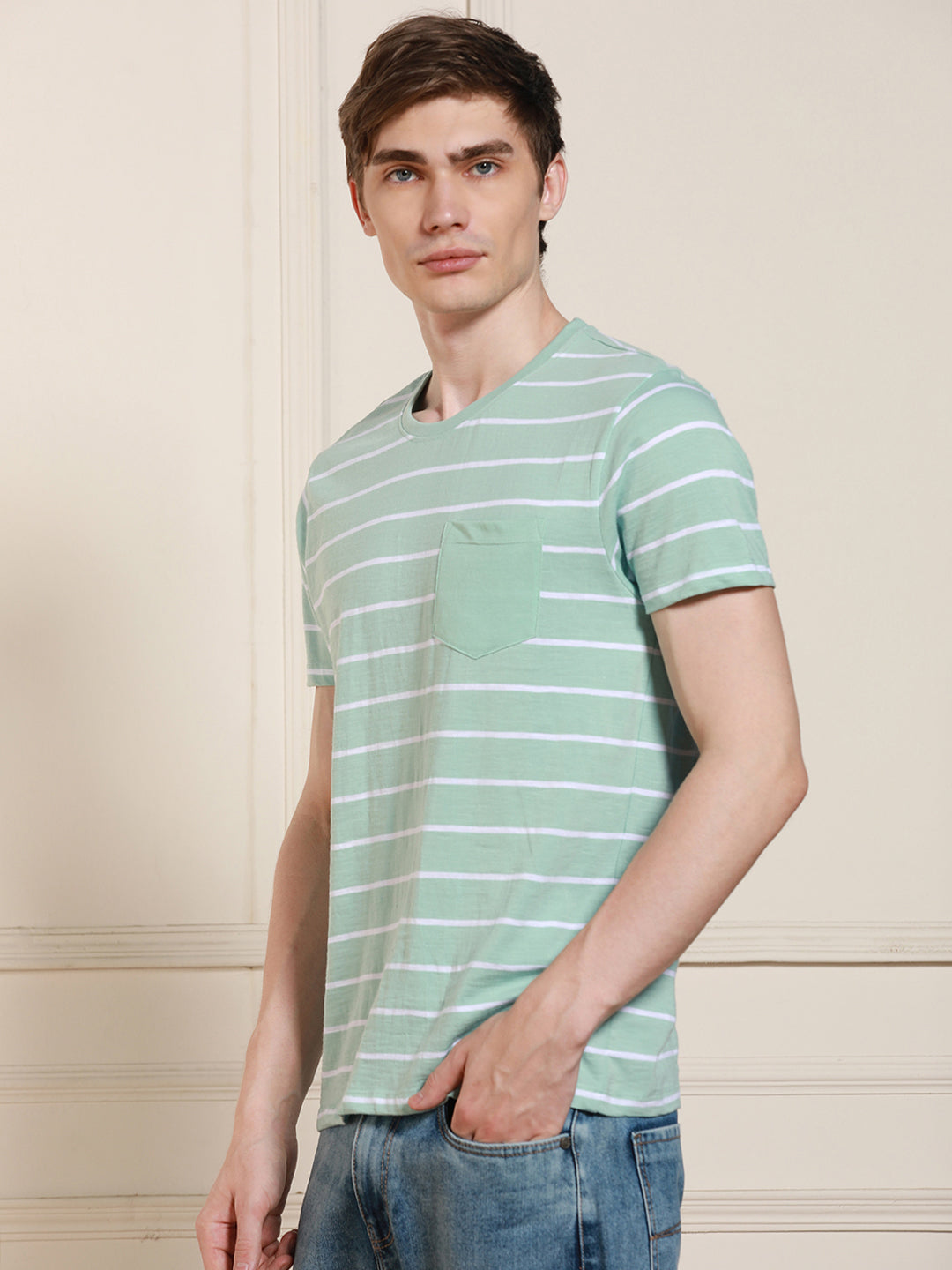 Men's Round Neck Striped Half Sleeves Casual T-shirt