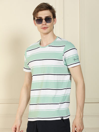 Men's Light Blue Crew Neck Striped Cotton T-Shirt