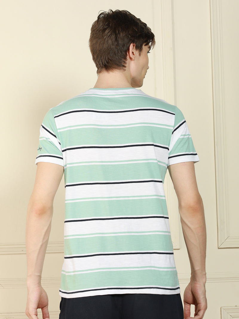 Men's Light Blue Crew Neck Striped Cotton T-Shirt