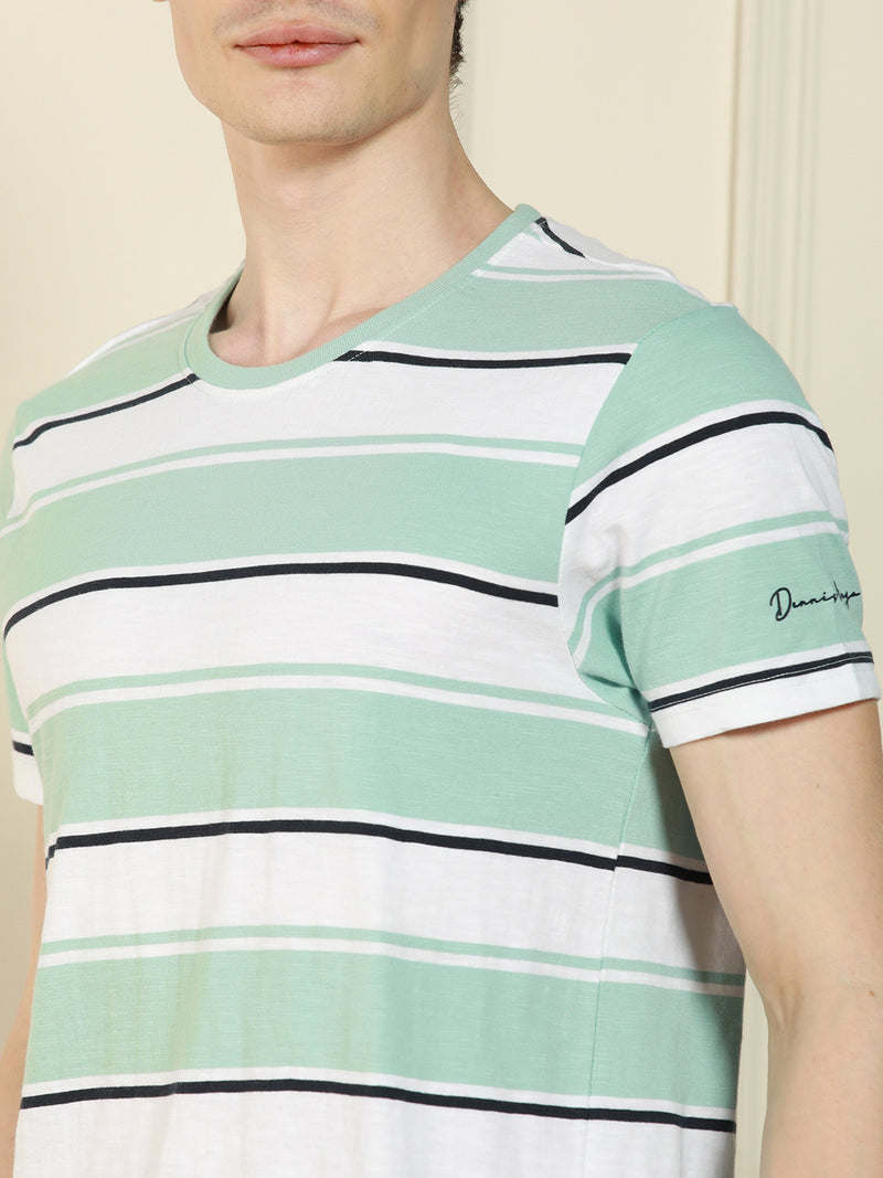 Men's Light Blue Crew Neck Striped Cotton T-Shirt