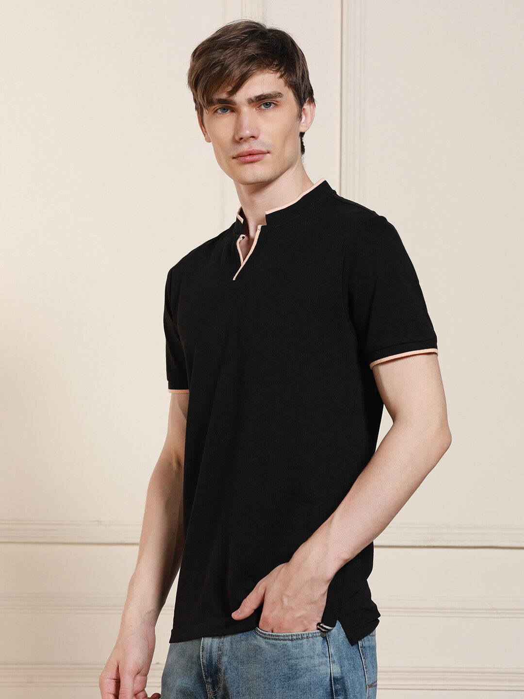 Men's Black Solid Polo Collar Half Sleeves Casual T-Shirt