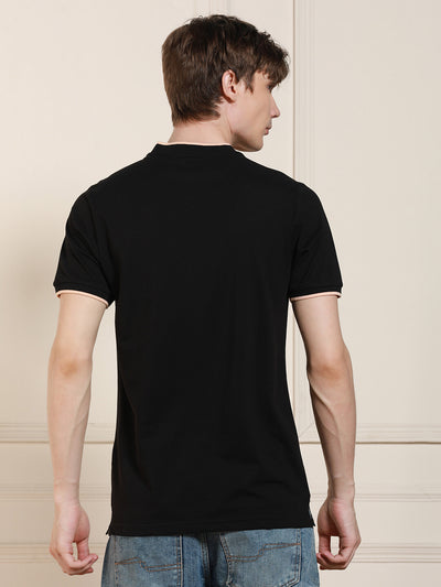 Men's Black Solid Polo Collar Half Sleeves Casual T-Shirt