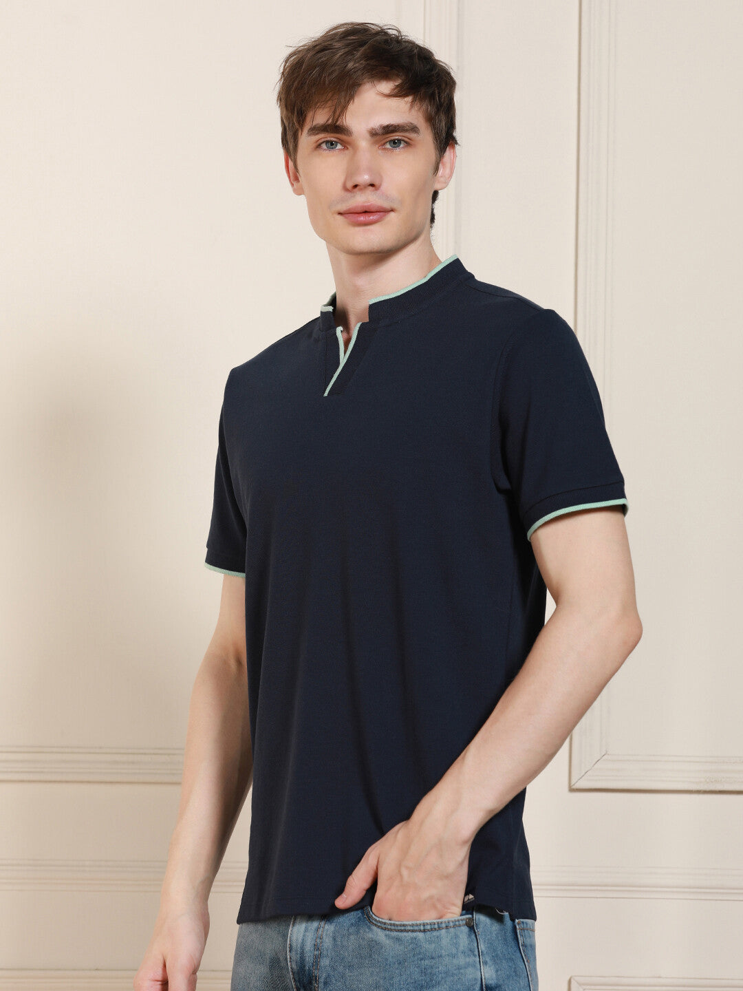 Men's Navy Solid Polo Collar Half Sleeves Casual T-Shirt