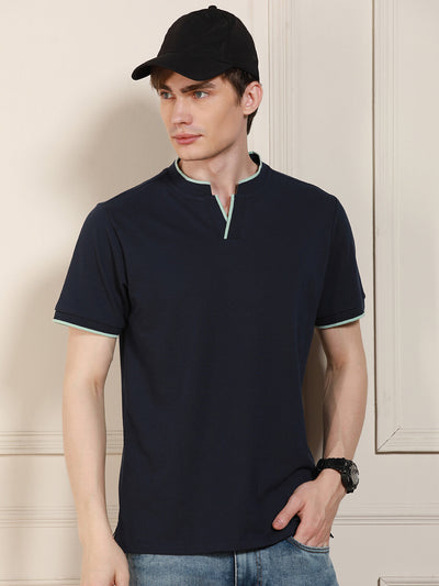 Men's Navy Solid Polo Collar Half Sleeves Casual T-Shirt