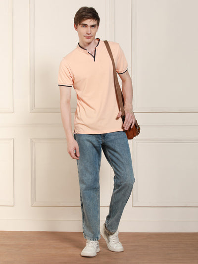 Men's Peach Solid Polo Collar Half Sleeves Casual T-Shirt