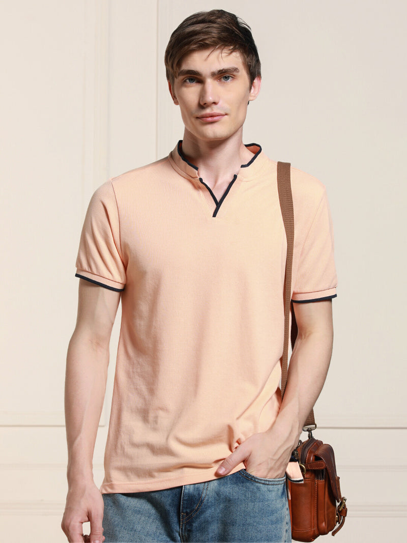 Men's Peach Solid Polo Collar Half Sleeves Casual T-Shirt