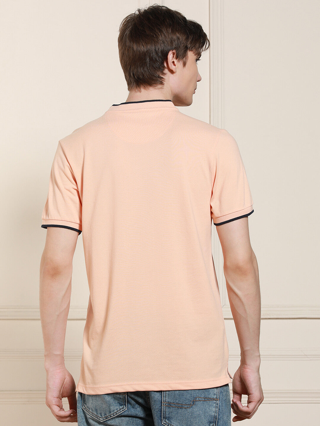 Men's Peach Solid Polo Collar Half Sleeves Casual T-Shirt