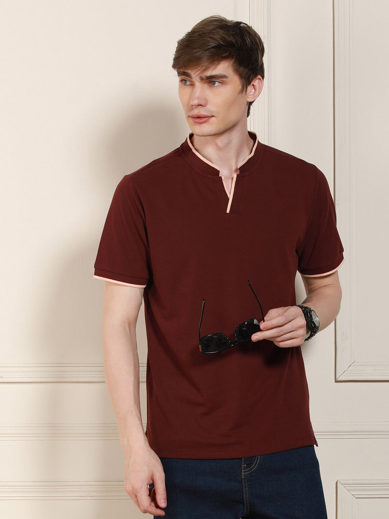 Men's Rust Solid Polo Collar Half Sleeves Casual T-Shirt