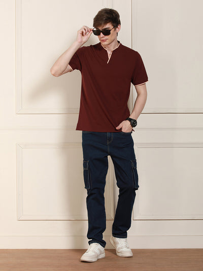 Men's Rust Solid Polo Collar Half Sleeves Casual T-Shirt