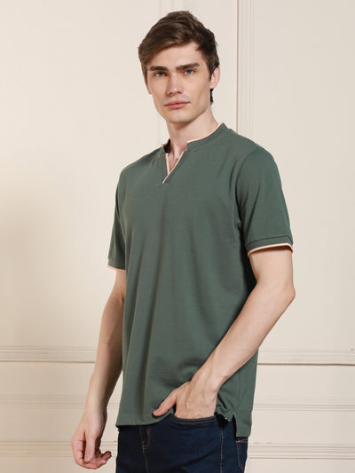 Men's Sage green Solid Polo Collar Half Sleeves Casual T-Shirt