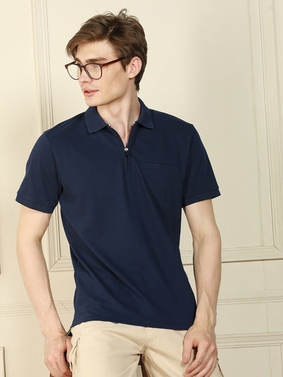 Men's Navy Polo Collar Solid Cotton Poly T-Shirt