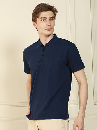 Men's Navy Polo Collar Solid Cotton Poly T-Shirt