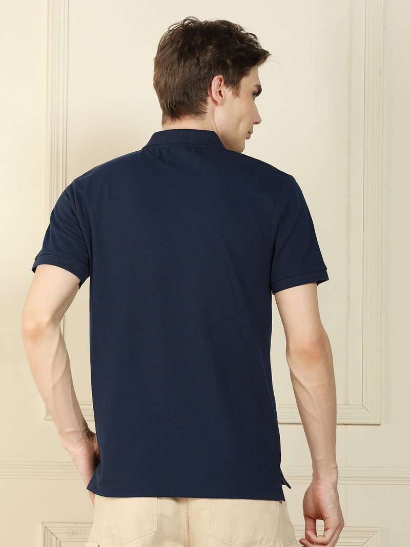 Men's Navy Polo Collar Solid Cotton Poly T-Shirt