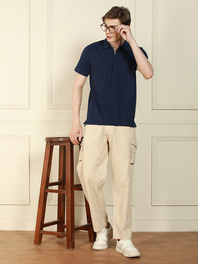 Men's Navy Polo Collar Solid Cotton Poly T-Shirt