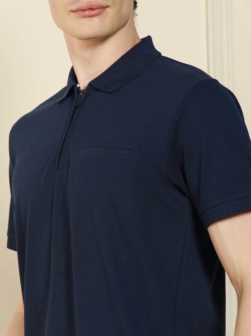 Men's Navy Polo Collar Solid Cotton Poly T-Shirt