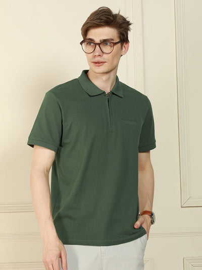 Men's Sage green Polo Collar Solid Cotton Poly T-Shirt