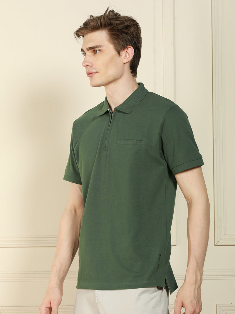 Men's Sage green Polo Collar Solid Cotton Poly T-Shirt