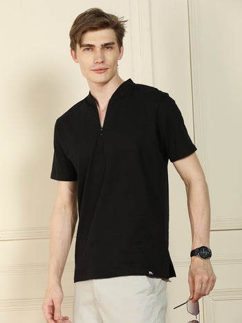 Men's Black Henley Neck Solid Cotton T-Shirt