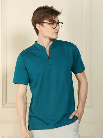 Men's Teal Henley Neck Solid Cotton T-Shirt