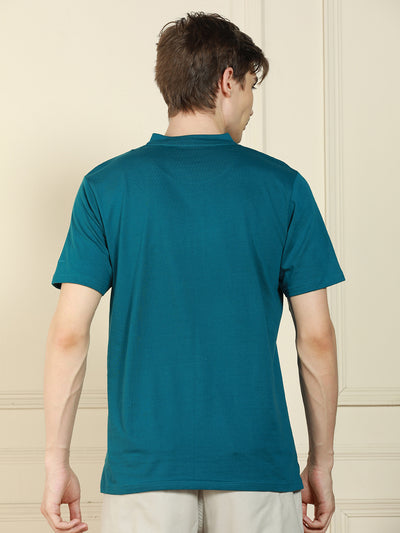 Dennis Lingo Men's Teal Henley Neck Solid Cotton T-Shirt
