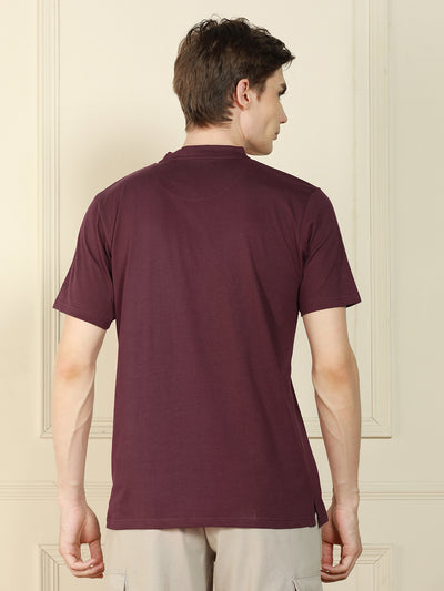 Dennis Lingo Men's Wine Henley Neck Solid Cotton T-Shirt