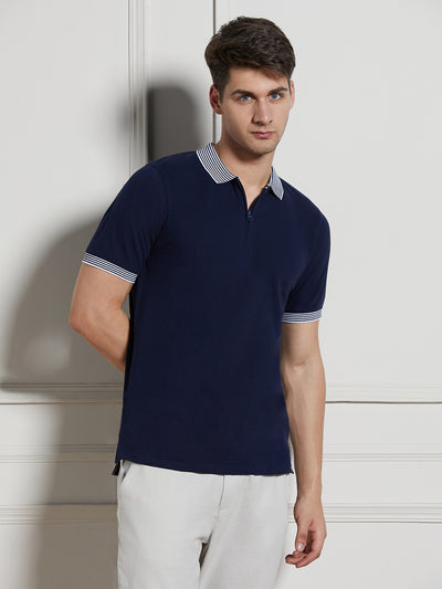 Dennis Lingo Men Navy Cotton Regular Fit Polo T-Shirt