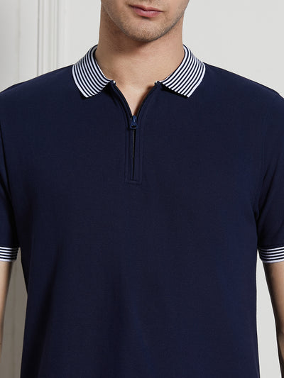 Dennis Lingo Men Navy Cotton Regular Fit Polo T-Shirt