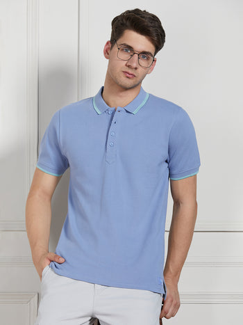 Men's Blue Cotton Regular Fit Polo T-Shirt