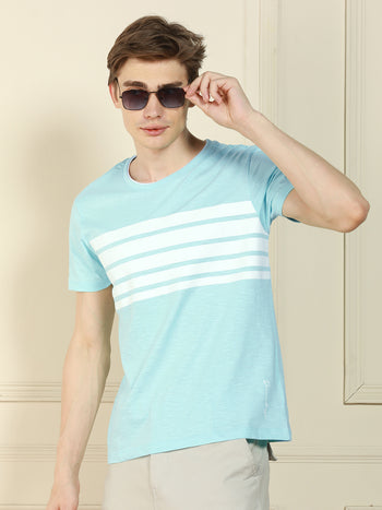 Men's Mid blue Crew Neck Striped Cotton T-Shirt