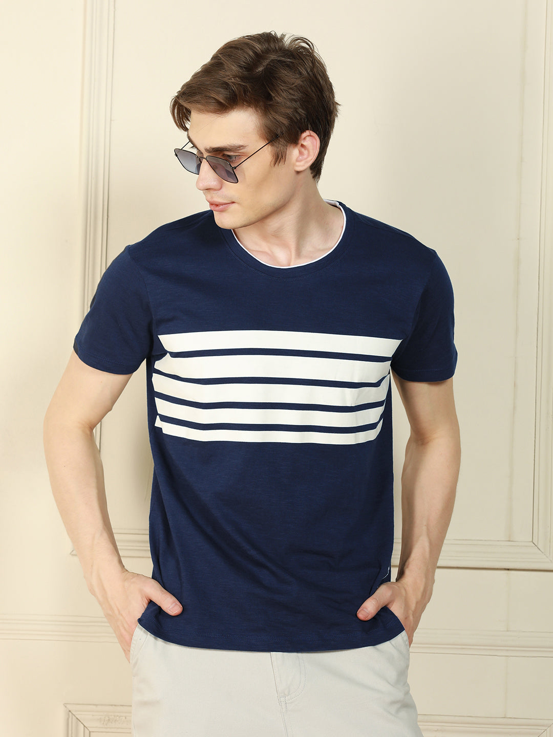 Men's Navy Crew Neck Striped Cotton T-Shirt